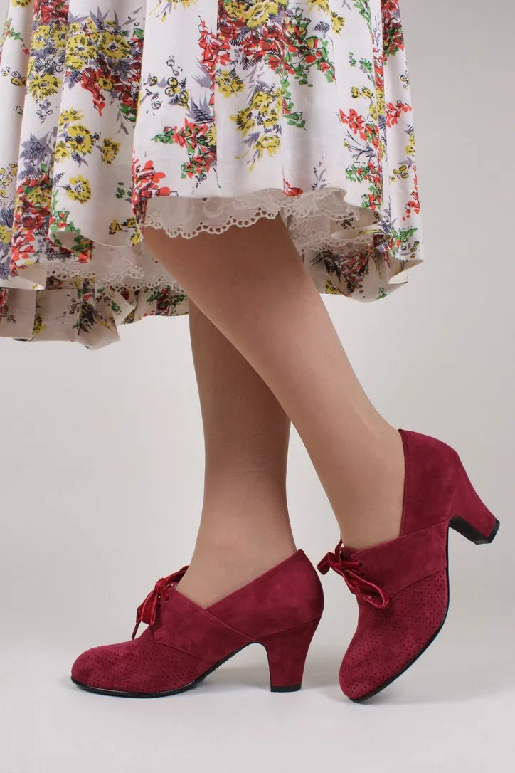 40's vintage style pumps in suede with lace - Red - Esther