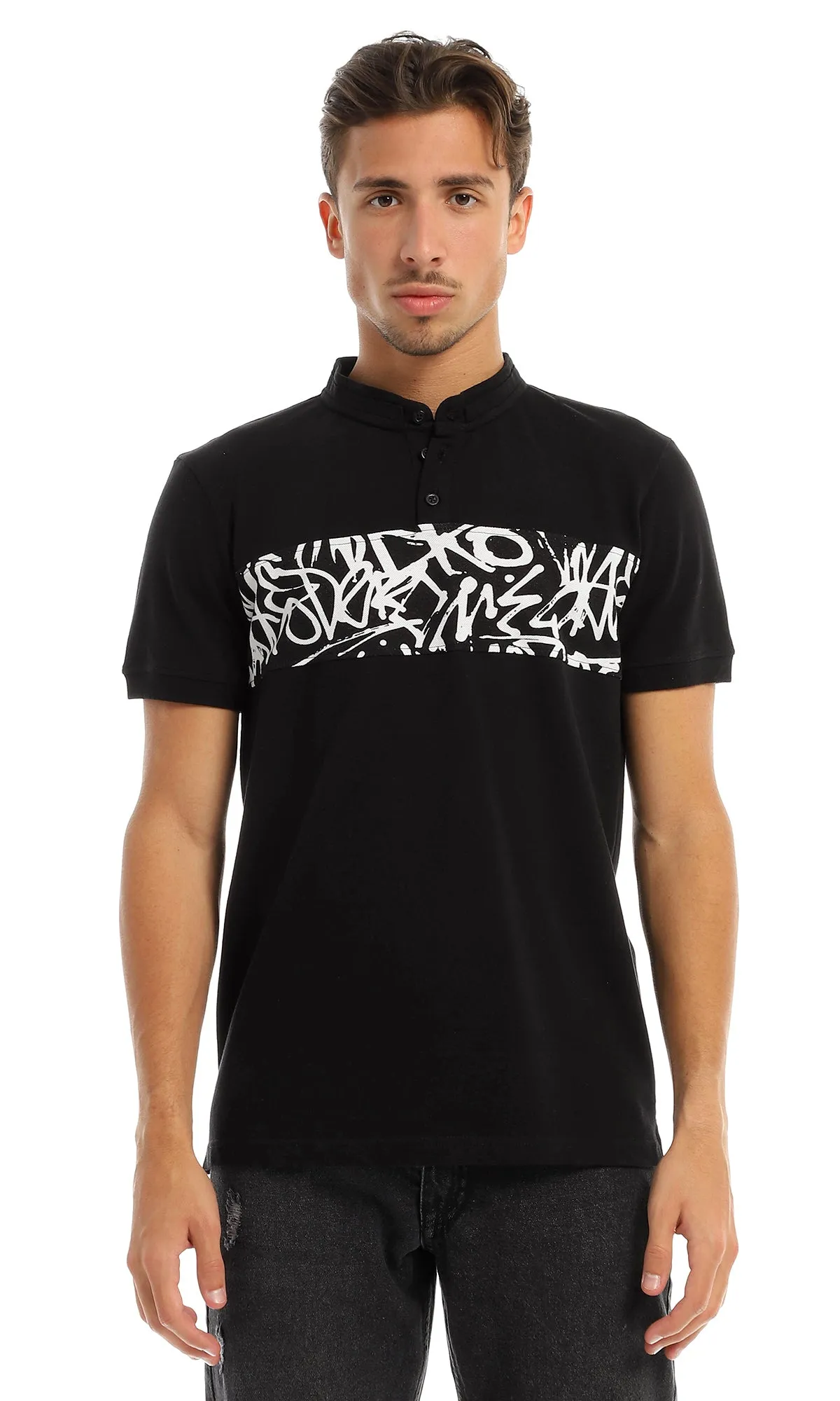 97722 Self Patterned Mandarine Collar Black T-Shirt