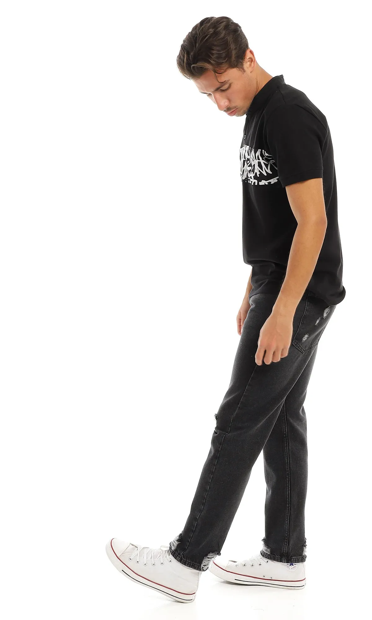 97722 Self Patterned Mandarine Collar Black T-Shirt
