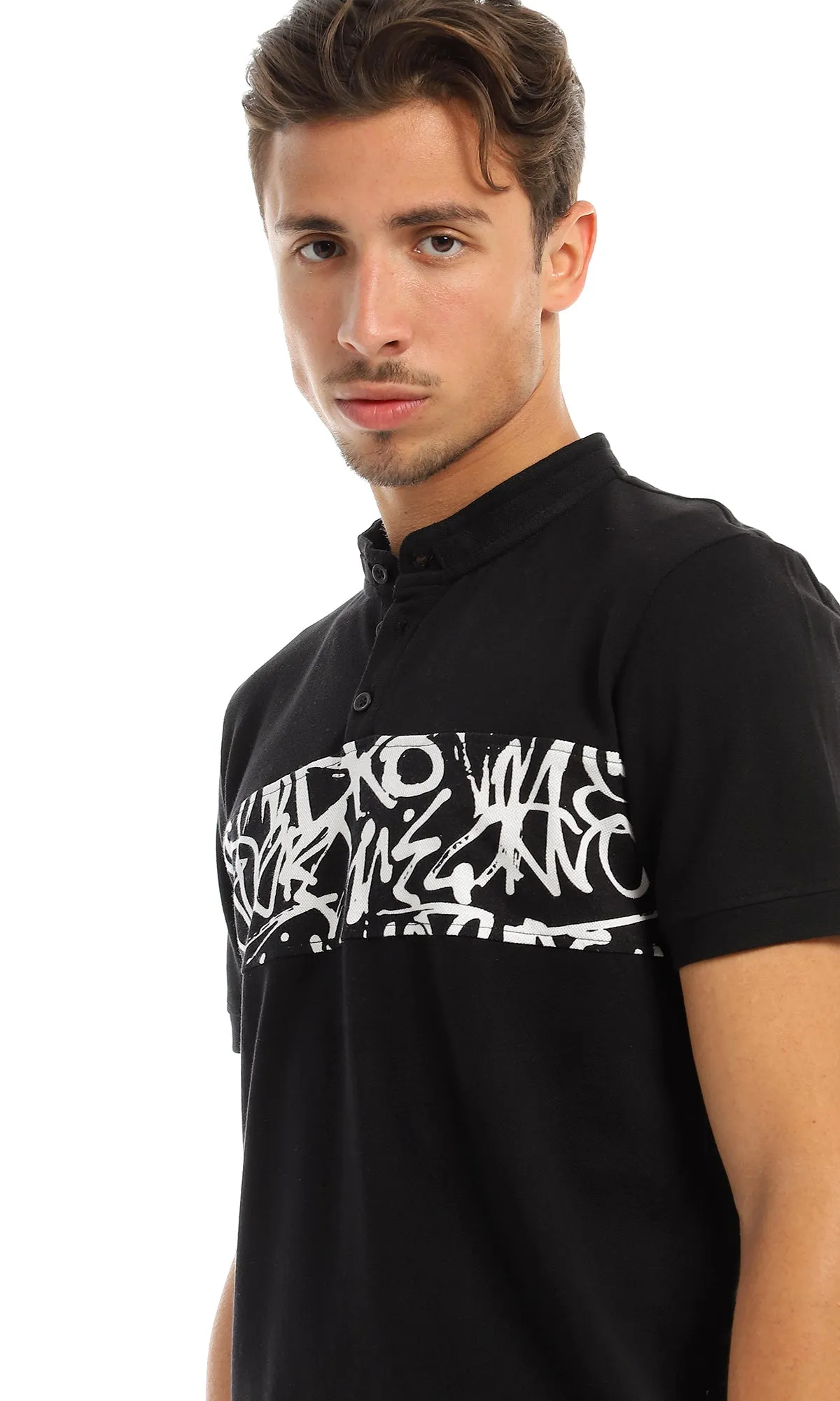 97722 Self Patterned Mandarine Collar Black T-Shirt