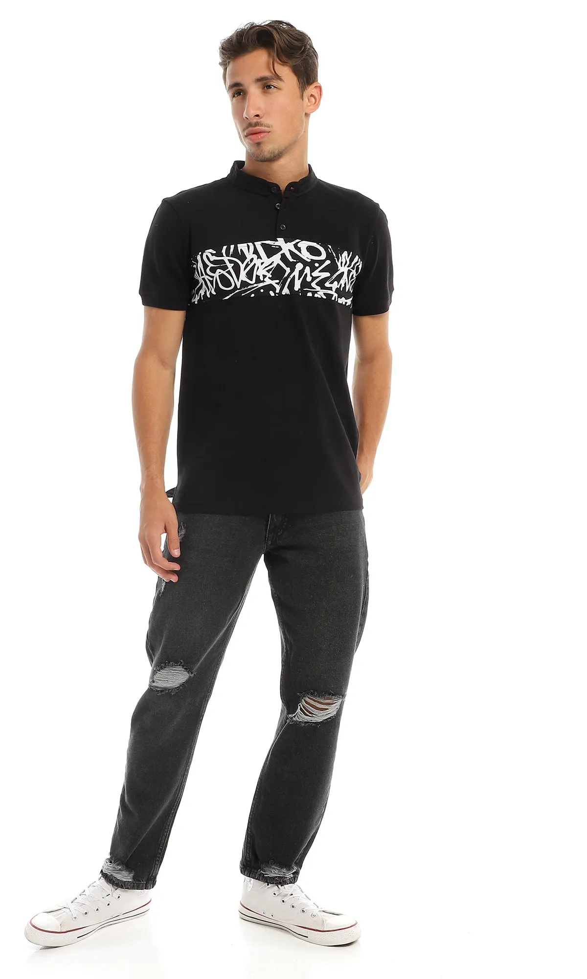 97722 Self Patterned Mandarine Collar Black T-Shirt