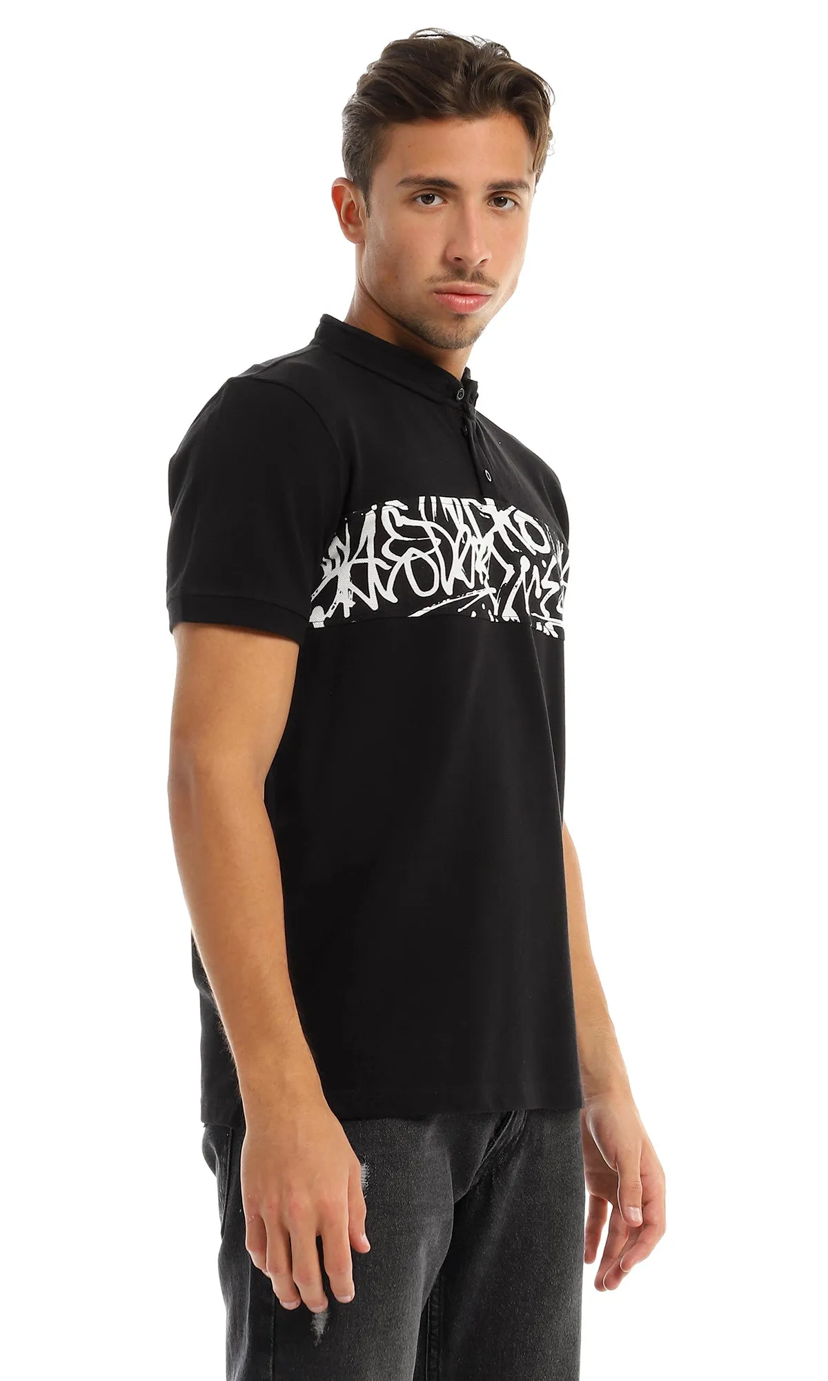 97722 Self Patterned Mandarine Collar Black T-Shirt