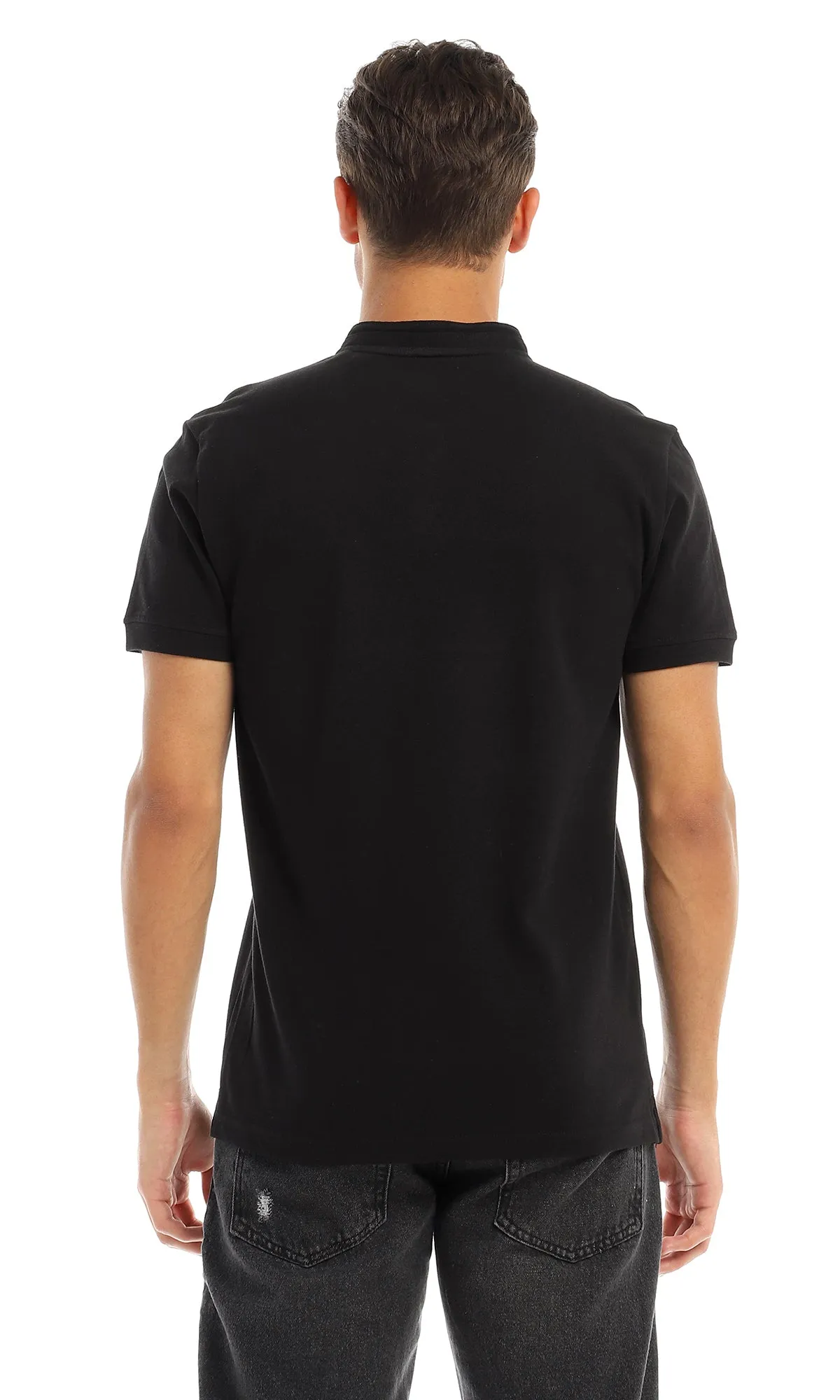 97722 Self Patterned Mandarine Collar Black T-Shirt