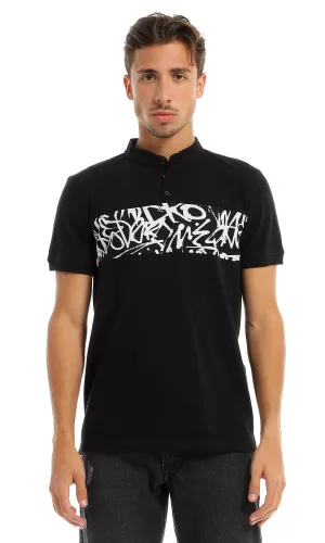 97722 Self Patterned Mandarine Collar Black T-Shirt