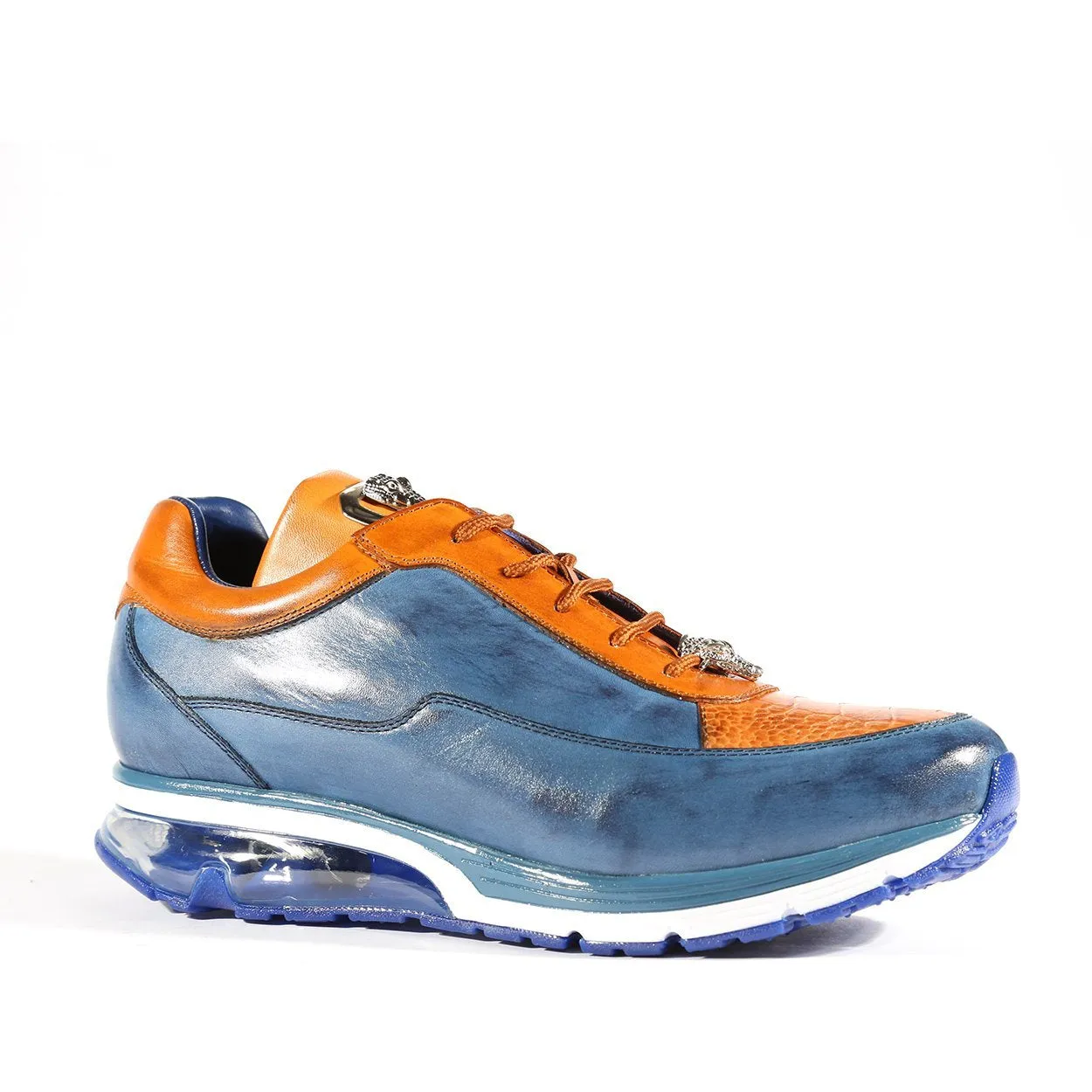Belvedere E01 Flash Men's Shoes Blue Safari & Almond Exotic Ostrich / Calf-Skin Leather Casual Sneakers (BV2967)