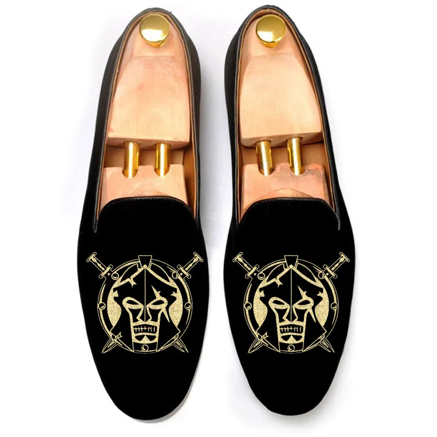Black Velvet Spartan Shield Embroidered Loafers