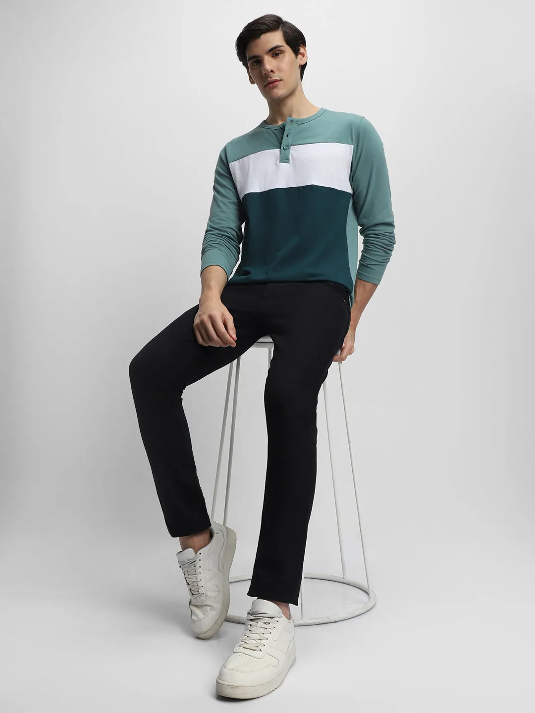 Dennis Lingo Colourblocked Henley Neck Pure Cotton T-Shirt