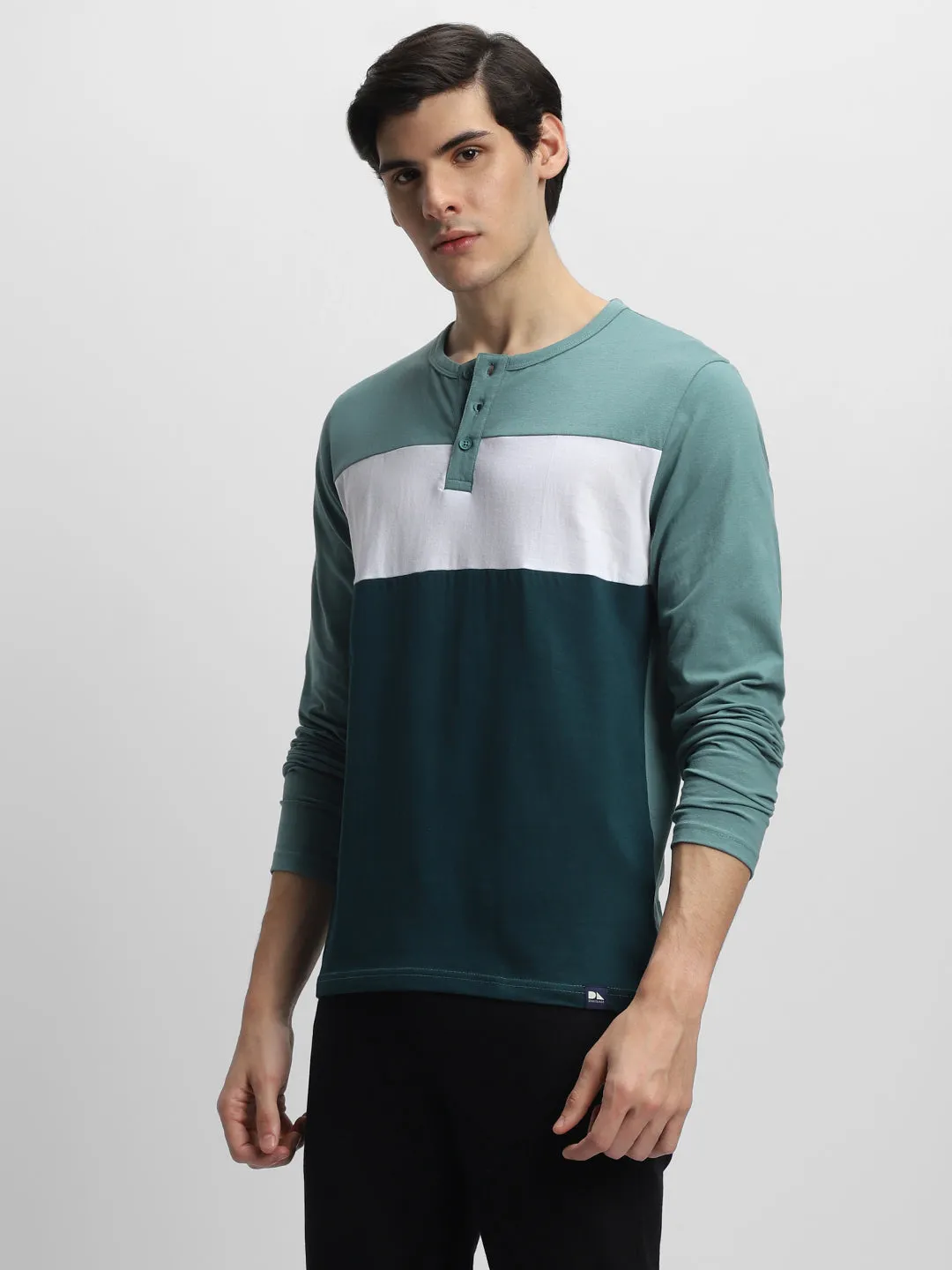Dennis Lingo Colourblocked Henley Neck Pure Cotton T-Shirt