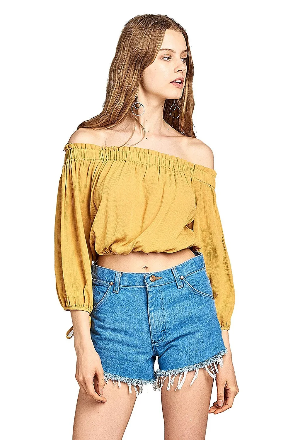 Khanomak 3/4 Drawstring Sleeve Elasticized Off Shoulder Neckline Crinkle Crop Top