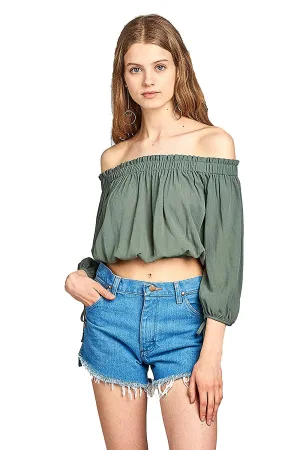 Khanomak 3/4 Drawstring Sleeve Elasticized Off Shoulder Neckline Crinkle Crop Top