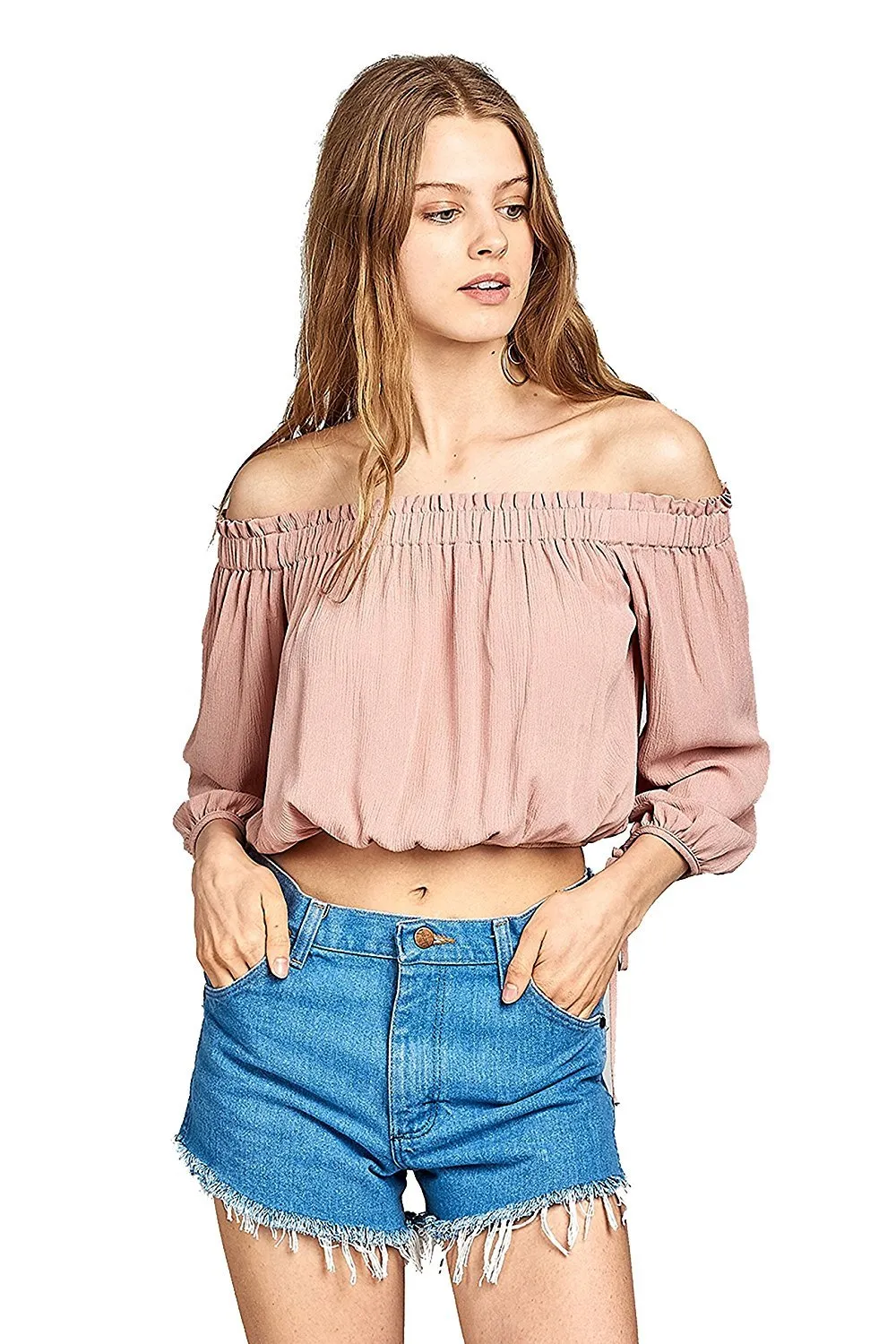 Khanomak 3/4 Drawstring Sleeve Elasticized Off Shoulder Neckline Crinkle Crop Top