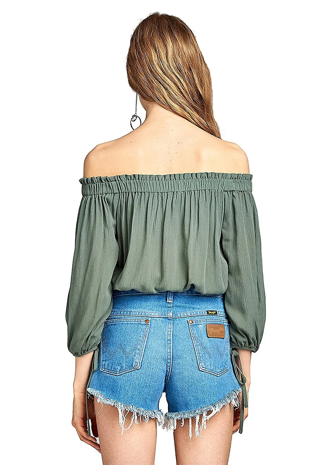 Khanomak 3/4 Drawstring Sleeve Elasticized Off Shoulder Neckline Crinkle Crop Top