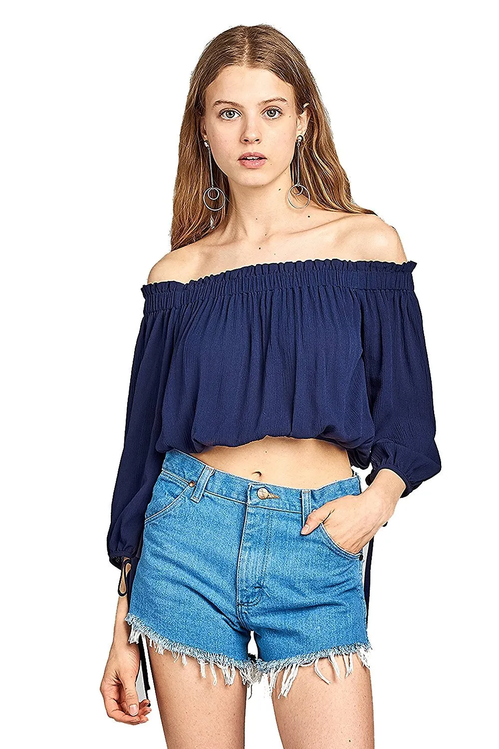 Khanomak 3/4 Drawstring Sleeve Elasticized Off Shoulder Neckline Crinkle Crop Top
