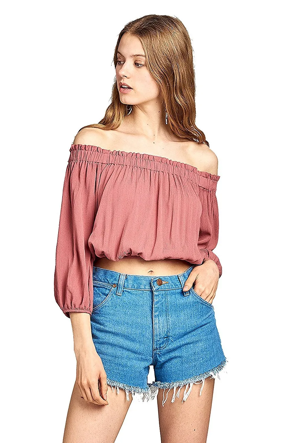 Khanomak 3/4 Drawstring Sleeve Elasticized Off Shoulder Neckline Crinkle Crop Top