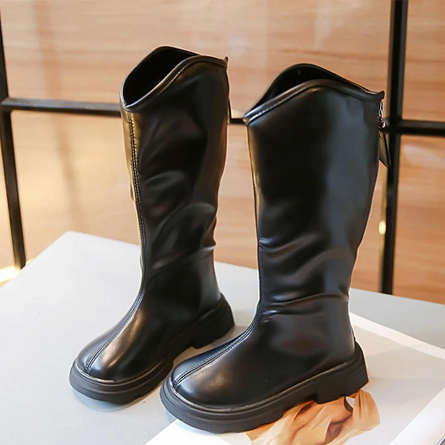 Leather Soft Long Boots For Childrens Boys Girls Kids aterproof Sole Non Slip ow Heel Shoes Outdoor Comfy Fashion