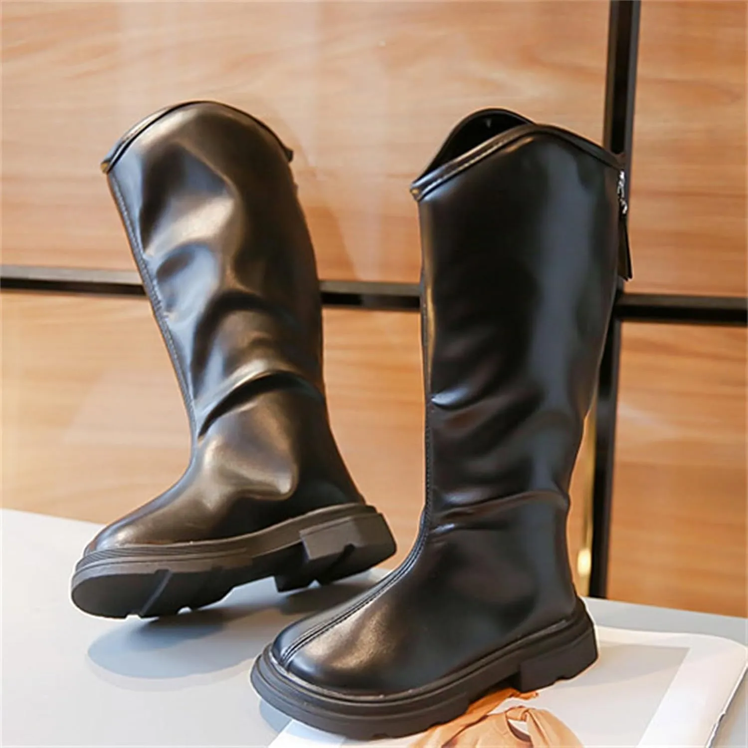 Leather Soft Long Boots For Childrens Boys Girls Kids aterproof Sole Non Slip ow Heel Shoes Outdoor Comfy Fashion
