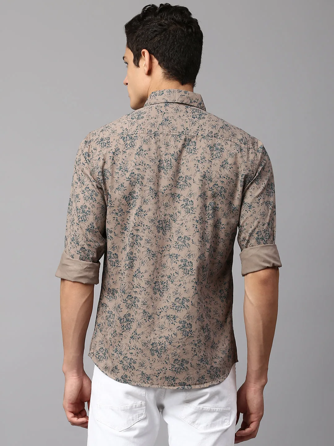 Men's Botanic Print Brown Slim Fit Casual Shirt  Spread Collar