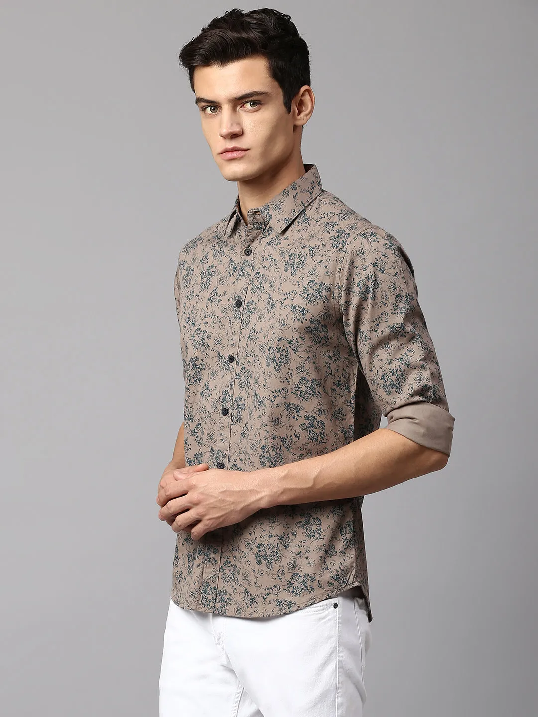 Men's Botanic Print Brown Slim Fit Casual Shirt  Spread Collar