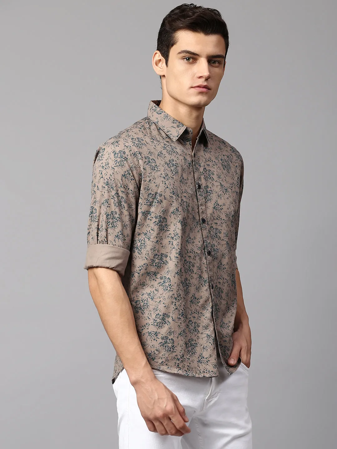 Men's Botanic Print Brown Slim Fit Casual Shirt  Spread Collar