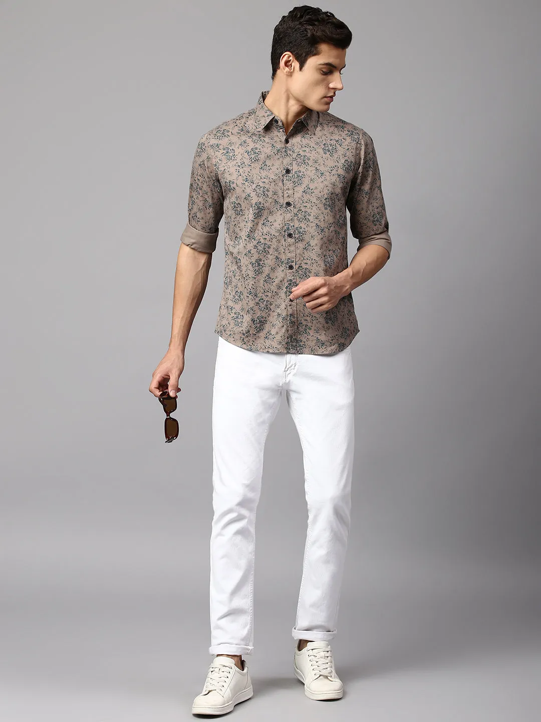 Men's Botanic Print Brown Slim Fit Casual Shirt  Spread Collar