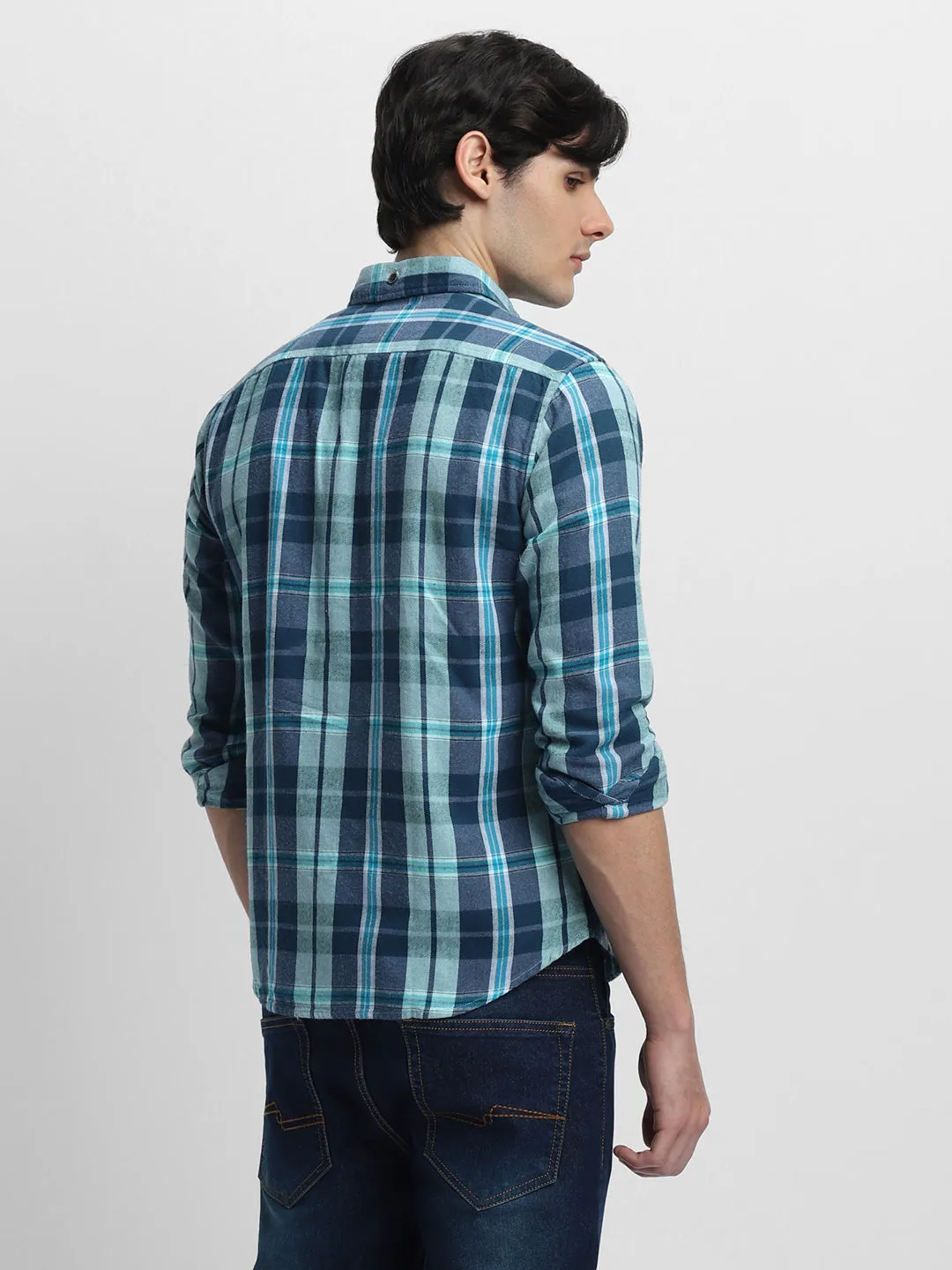 Men's Button Down Collar Slim Fit Washed Blue Denim Shirt