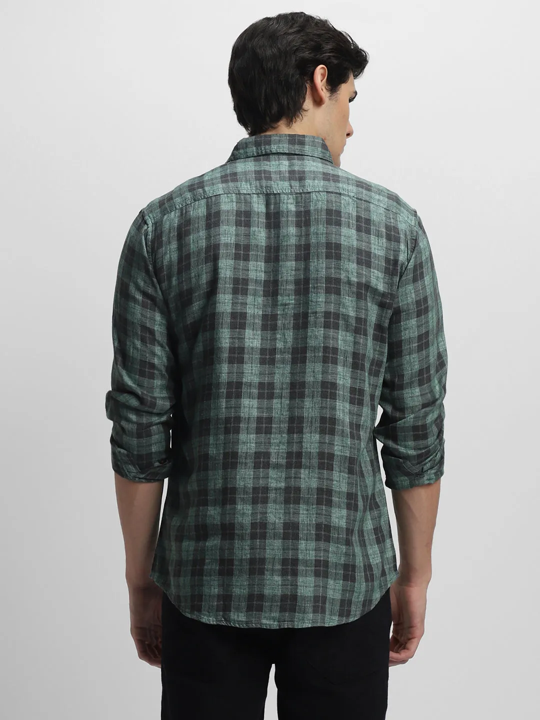Men's Checked Spread Collar Slim Fit Cotton Casual Shirt