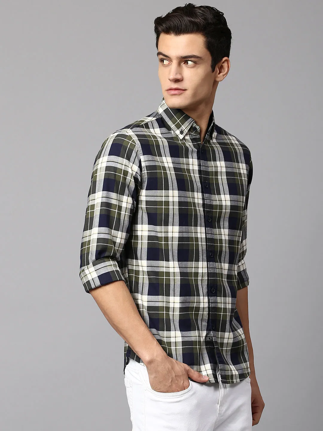 Men's Checkered Green Slim Fit Casual Shirt Button Down Collar