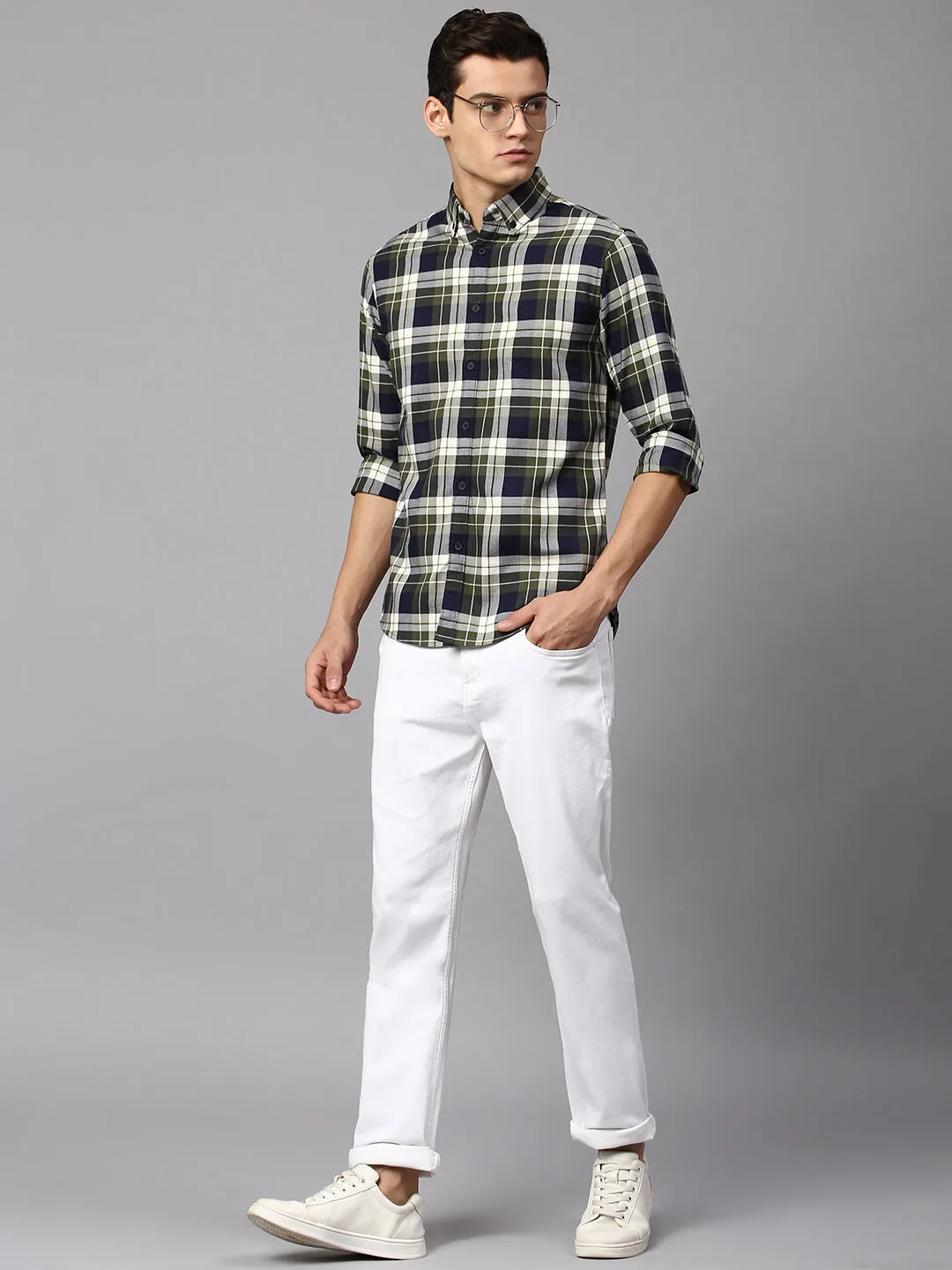Men's Checkered Green Slim Fit Casual Shirt Button Down Collar
