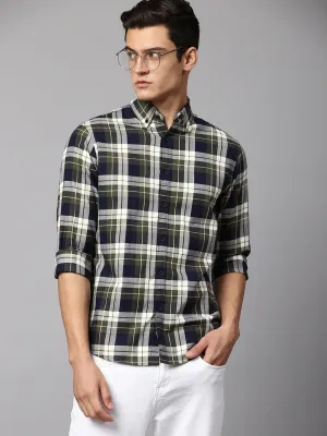 Men's Checkered Green Slim Fit Casual Shirt Button Down Collar
