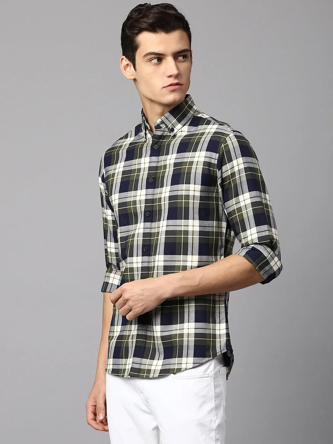 Men's Checkered Green Slim Fit Casual Shirt Button Down Collar