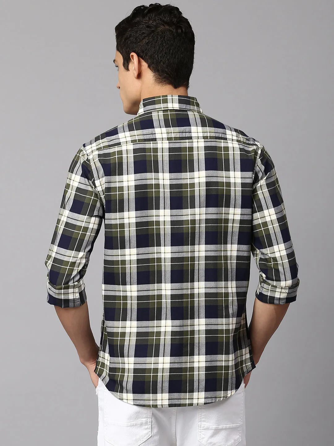 Men's Checkered Green Slim Fit Casual Shirt Button Down Collar