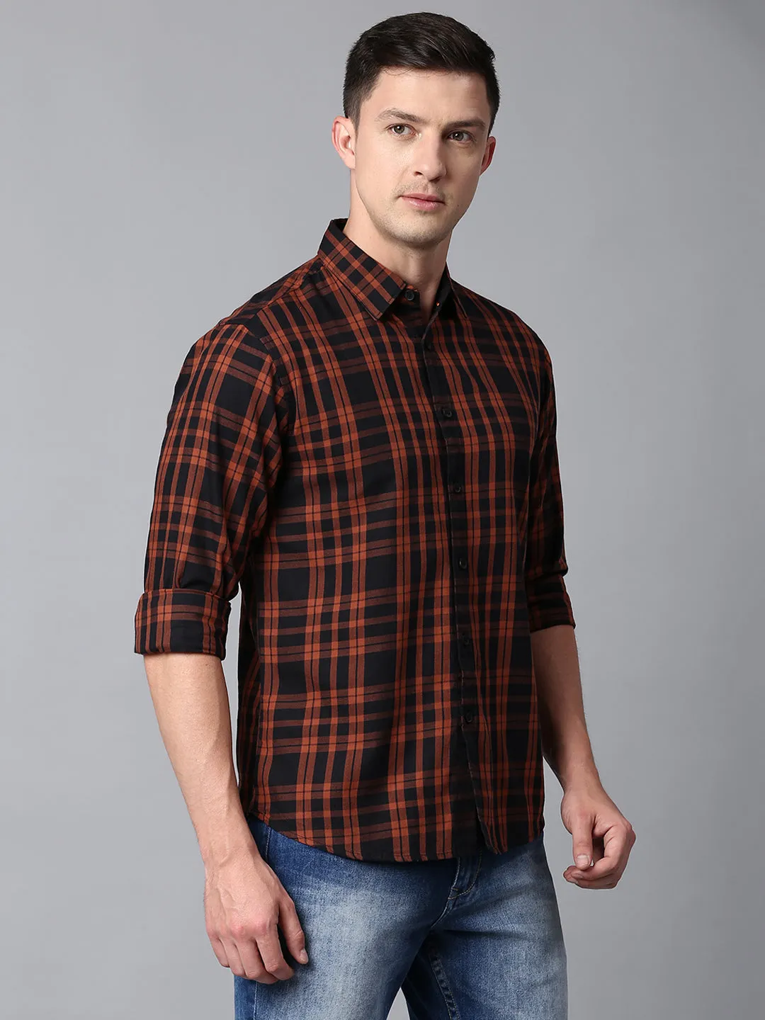 Men's Checkered Orange Slim Fit Casual Shirt With Spread Collar