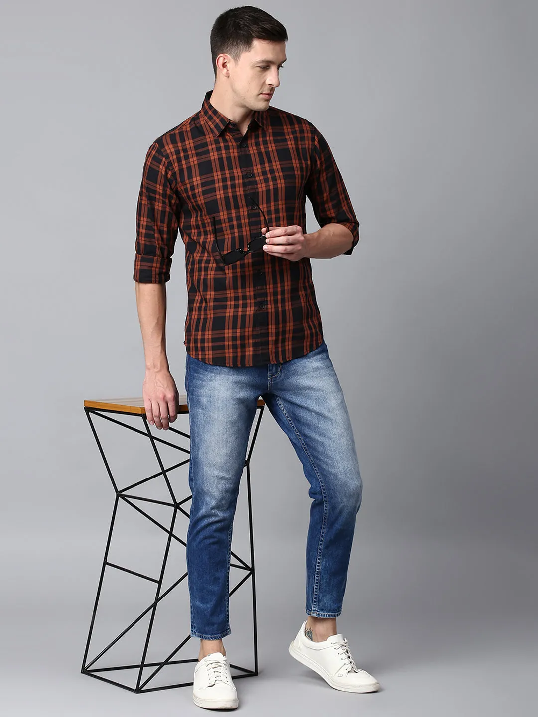 Men's Checkered Orange Slim Fit Casual Shirt With Spread Collar
