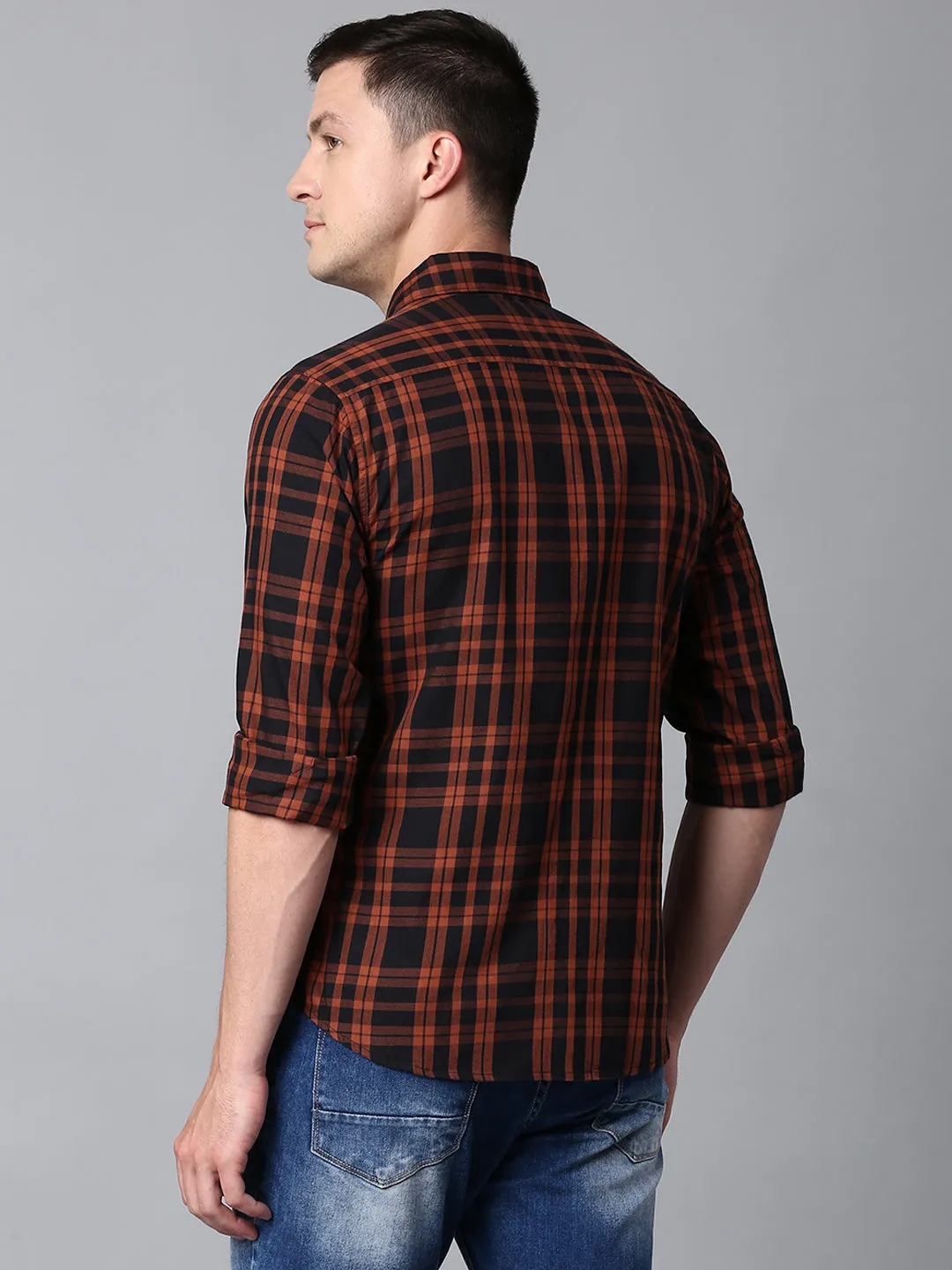 Men's Checkered Orange Slim Fit Casual Shirt With Spread Collar