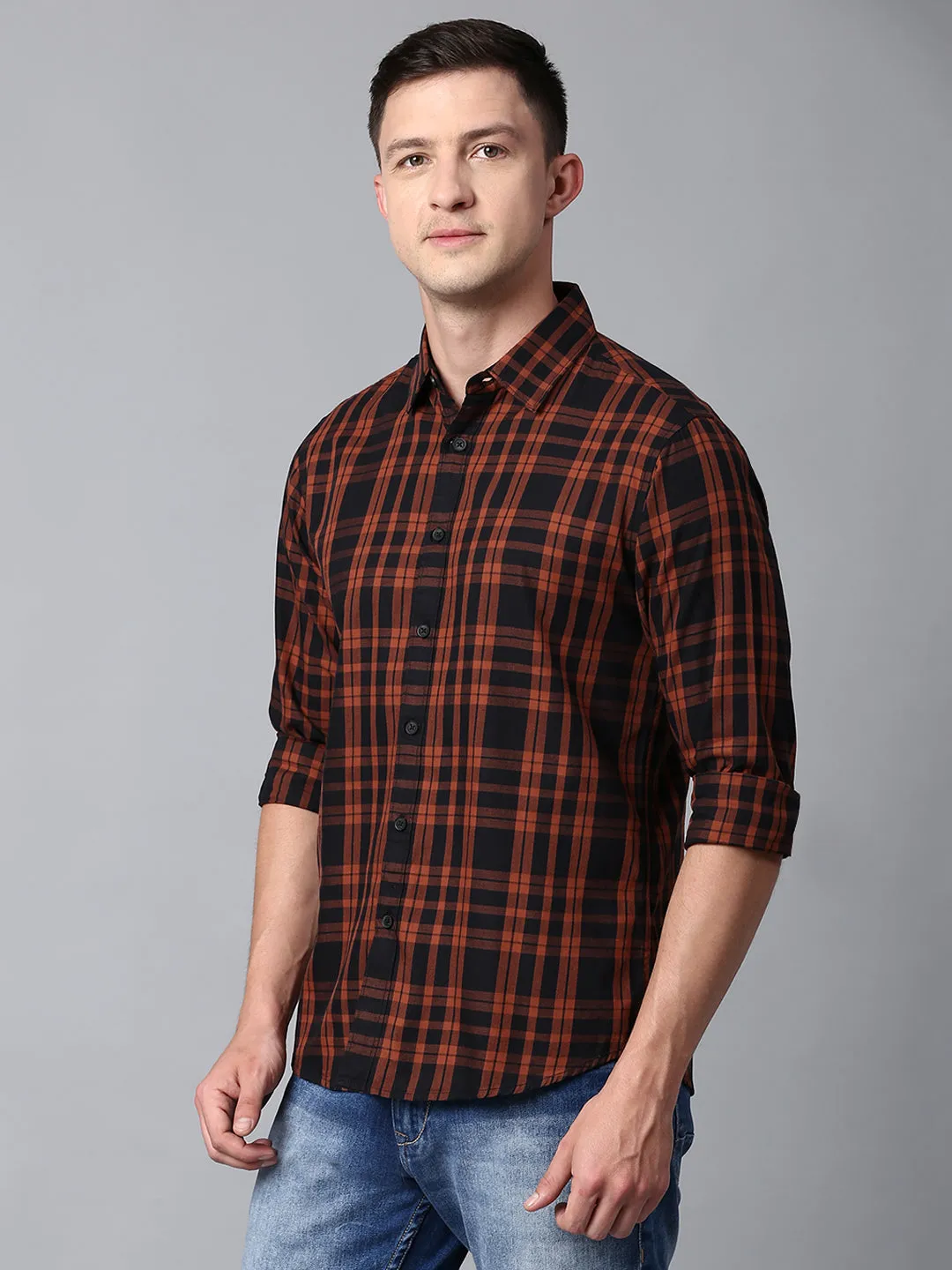 Men's Checkered Orange Slim Fit Casual Shirt With Spread Collar