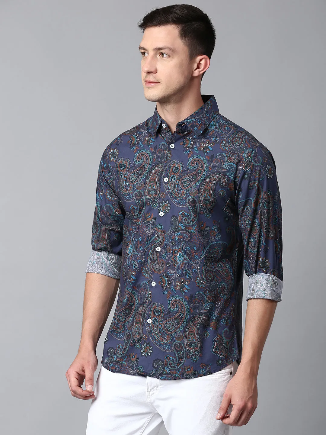 Men's Embellished Blue Slim Fit Casual Shirt With Spread Collar