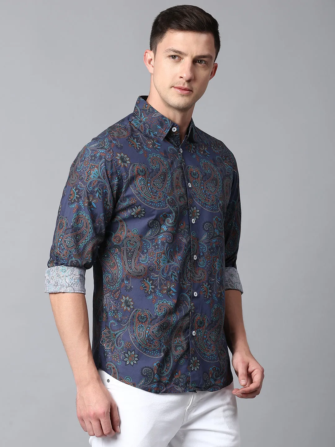 Men's Embellished Blue Slim Fit Casual Shirt With Spread Collar