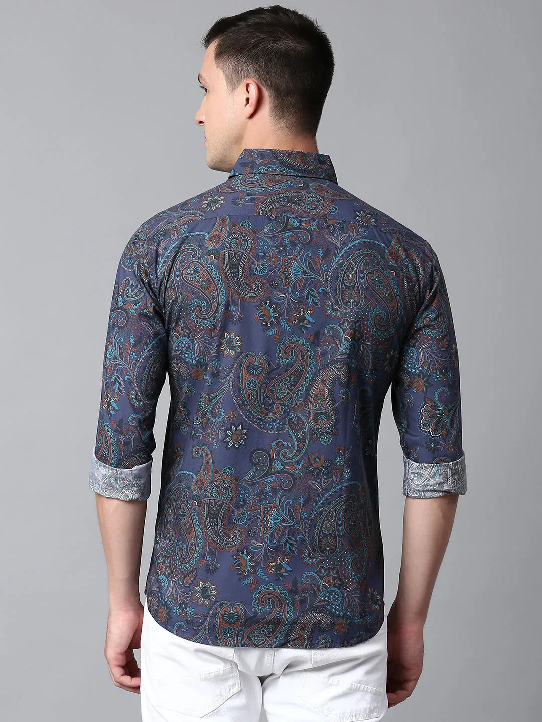 Men's Embellished Blue Slim Fit Casual Shirt With Spread Collar