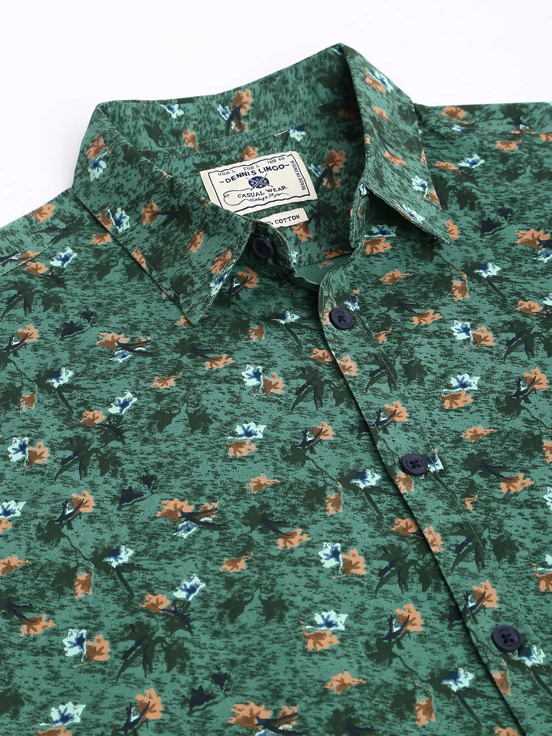 Men's Floral Green Slim Fit Cotton Casual Shirt With Spread Collar & Half Sleeves