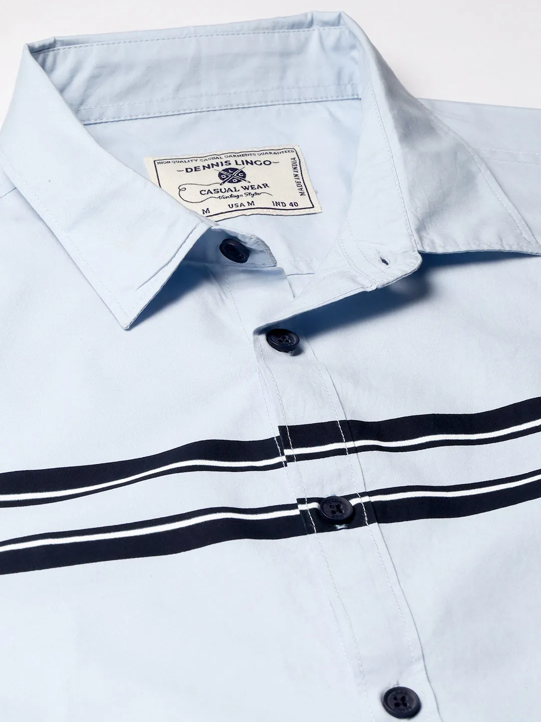 Men's Horizontal Stripes Spread Collar Full Sleeves Shirt (Sky Blue)