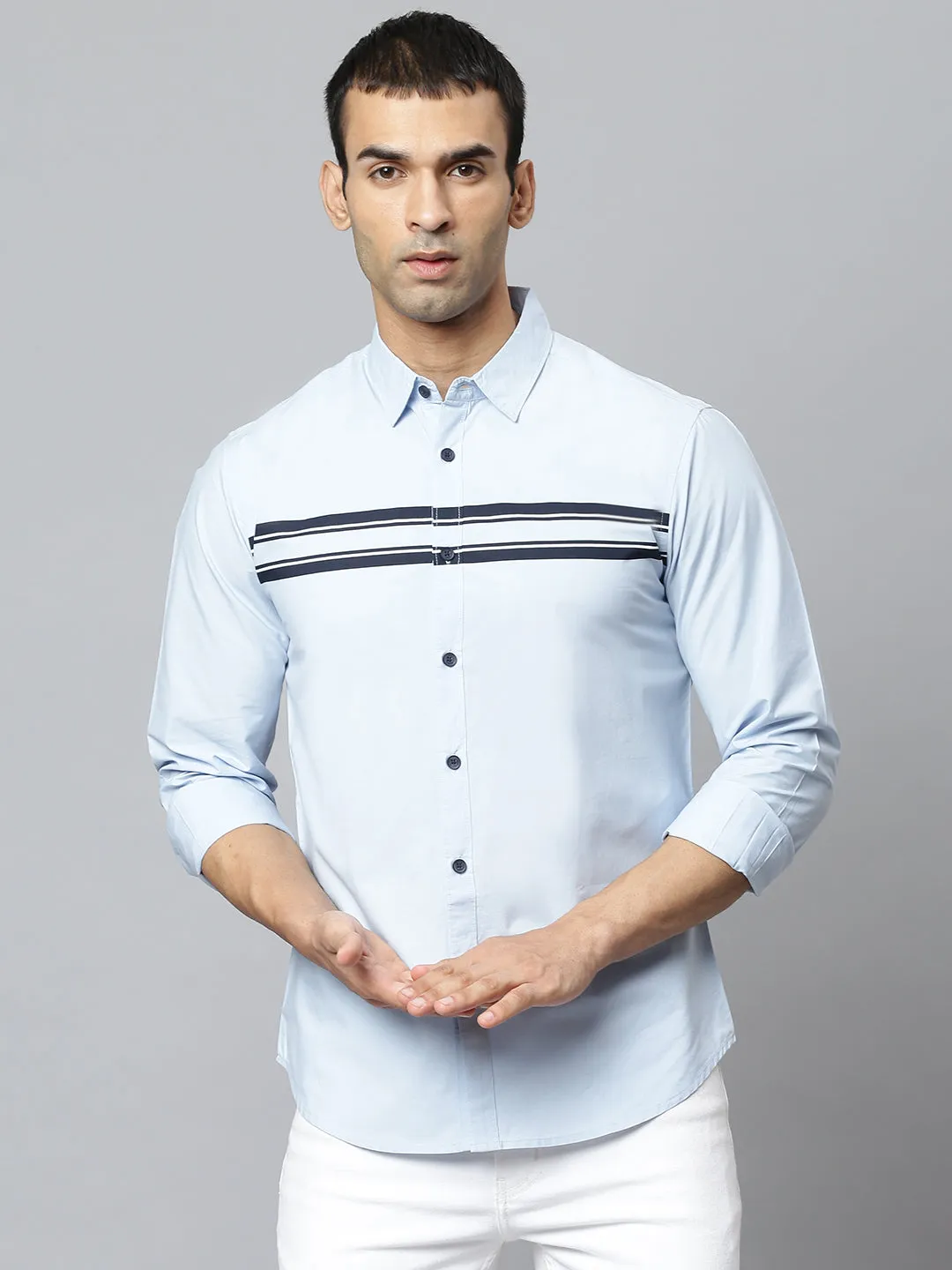 Men's Horizontal Stripes Spread Collar Full Sleeves Shirt (Sky Blue)