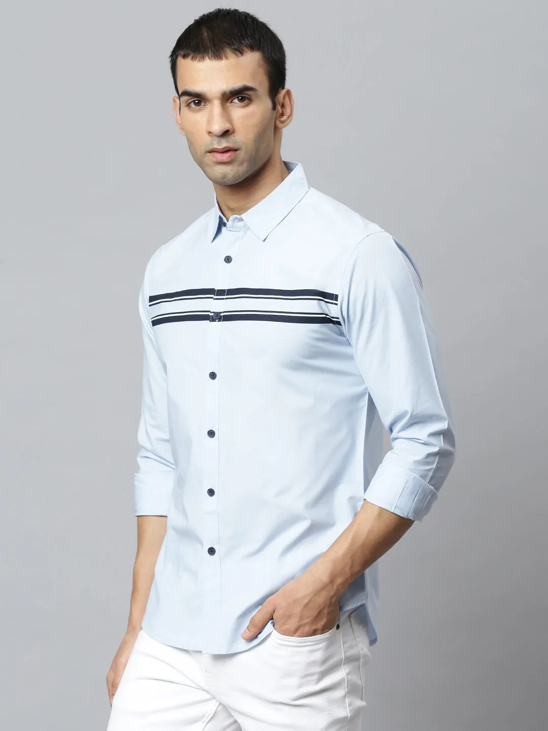 Men's Horizontal Stripes Spread Collar Full Sleeves Shirt (Sky Blue)
