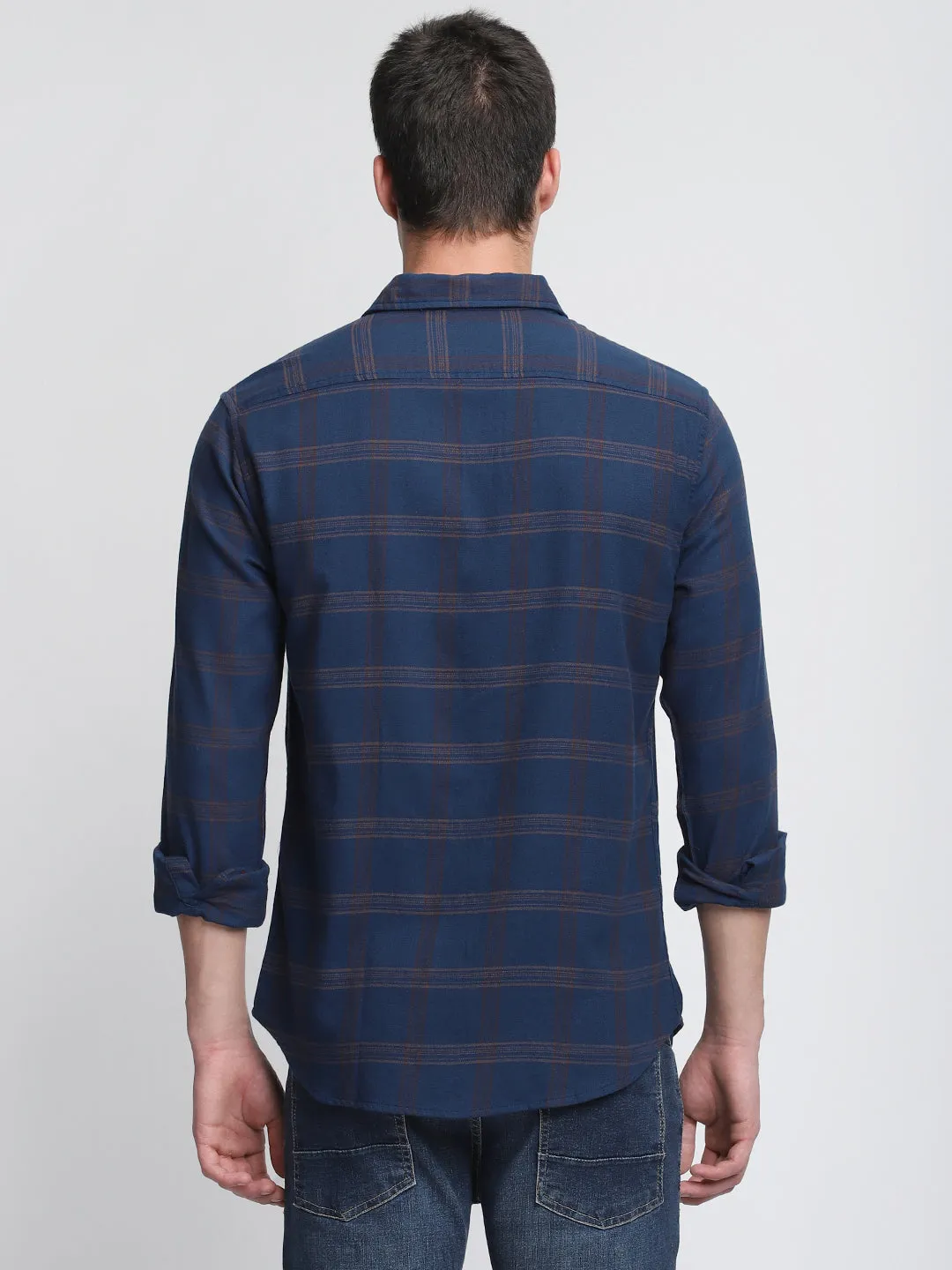 Men's Navy Blue Slim Fit Opaque Checked Casual Shirt