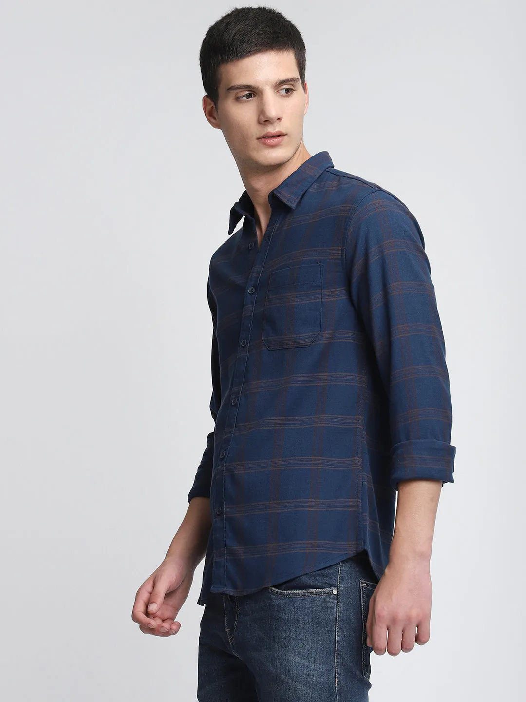 Men's Navy Blue Slim Fit Opaque Checked Casual Shirt