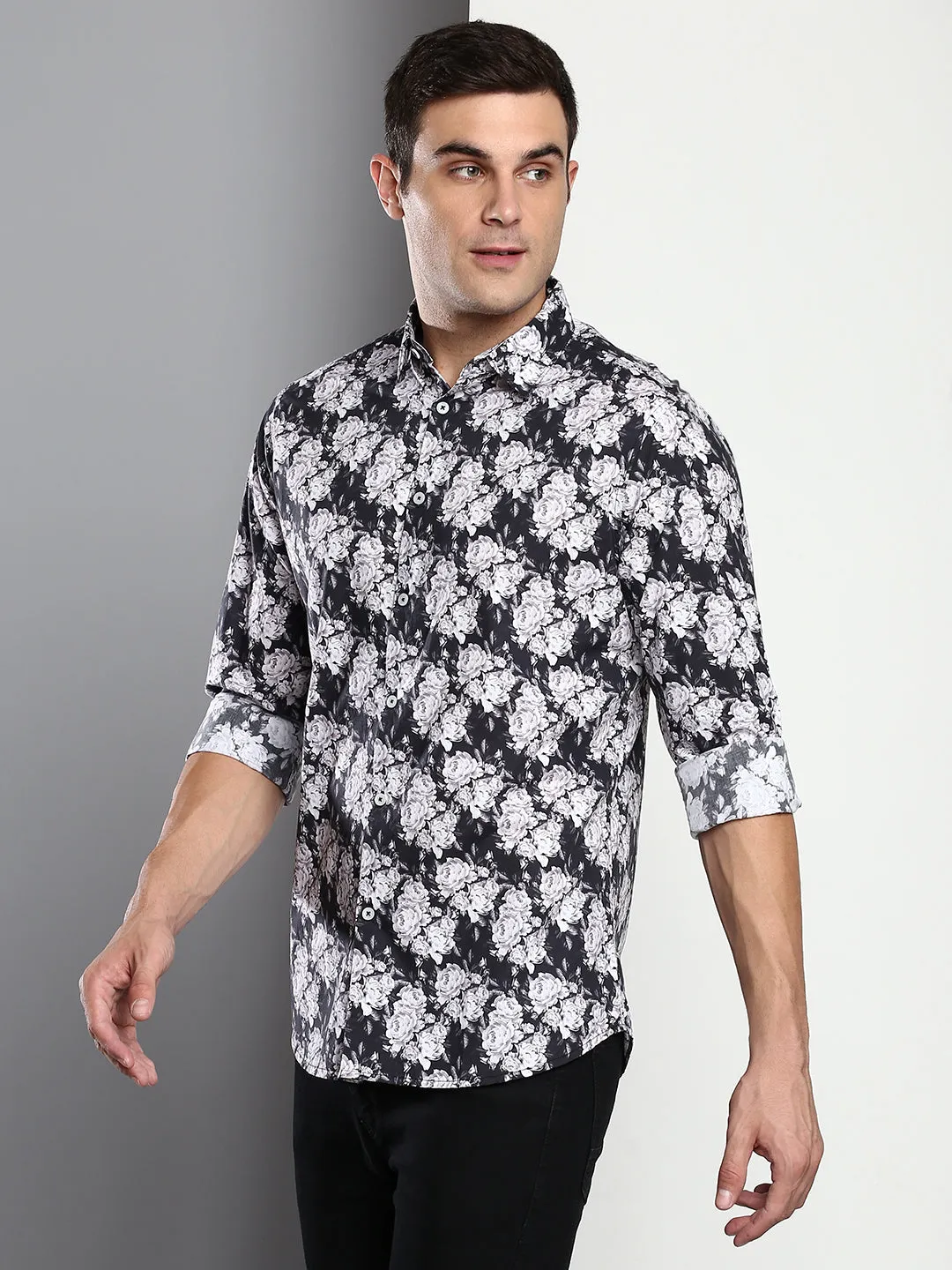 Men's Printed Black Slim Fit Satin Casual Shirt With Spread Collar & Full Sleeves (C9049_Black_S)