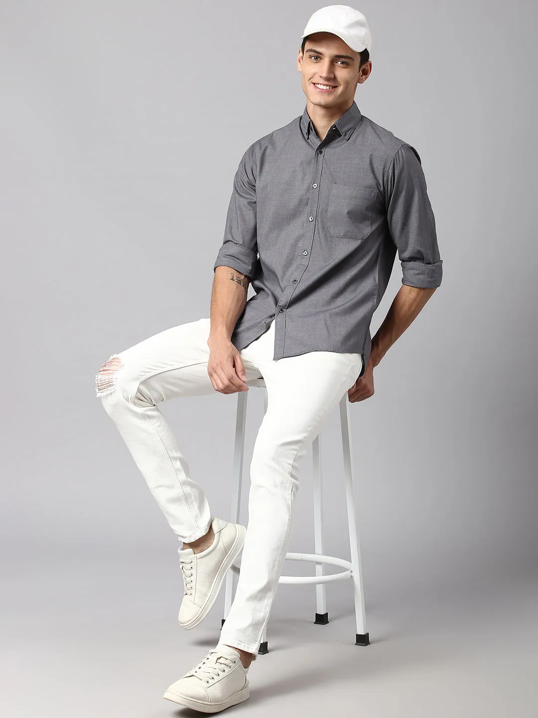 Men's Regular Collar Slim Fit Checks Ochre Casual Shirt
