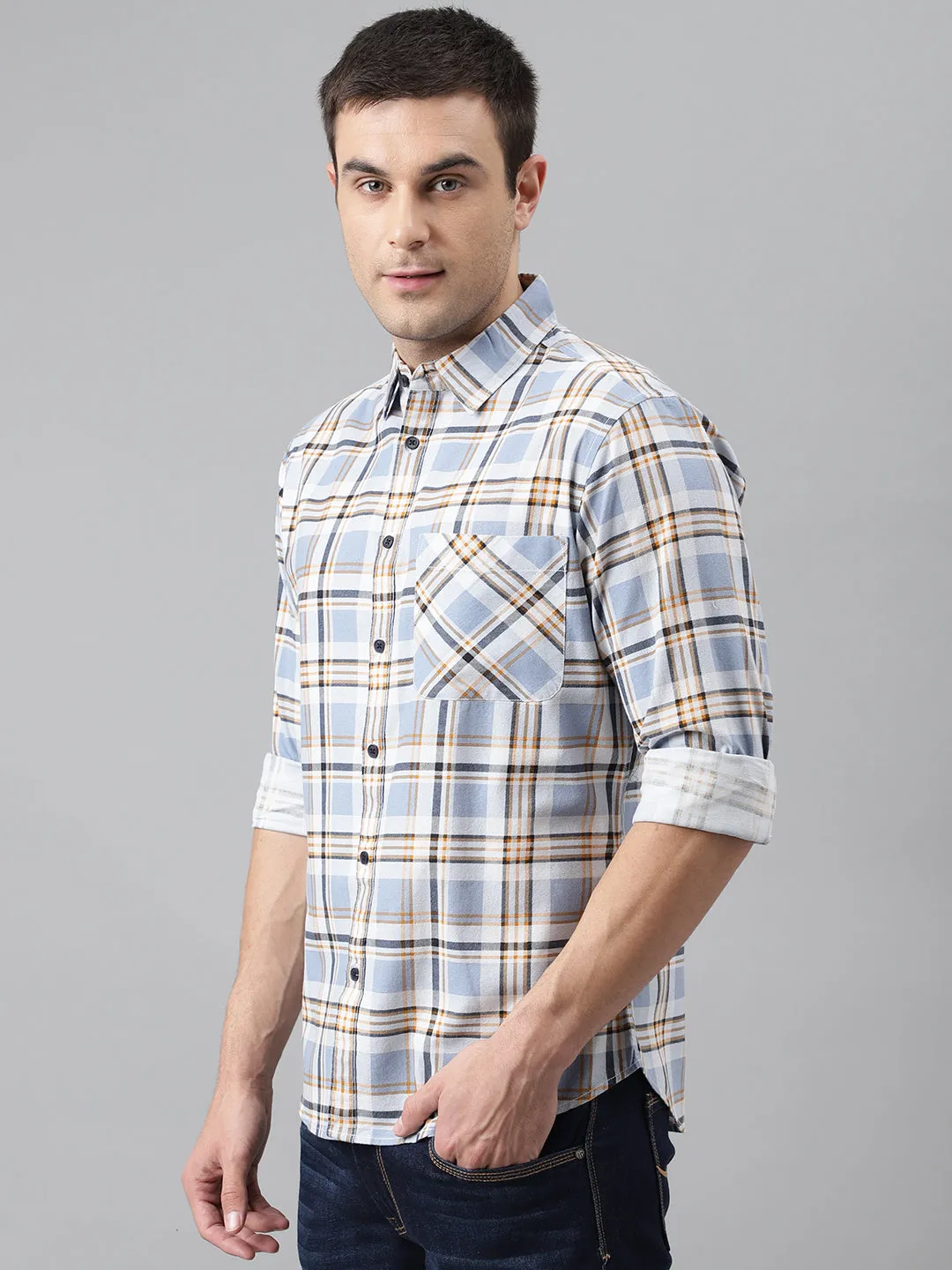 Men's Single Patch Pocket Checkered Slim Fit Cotton Casual Shirt