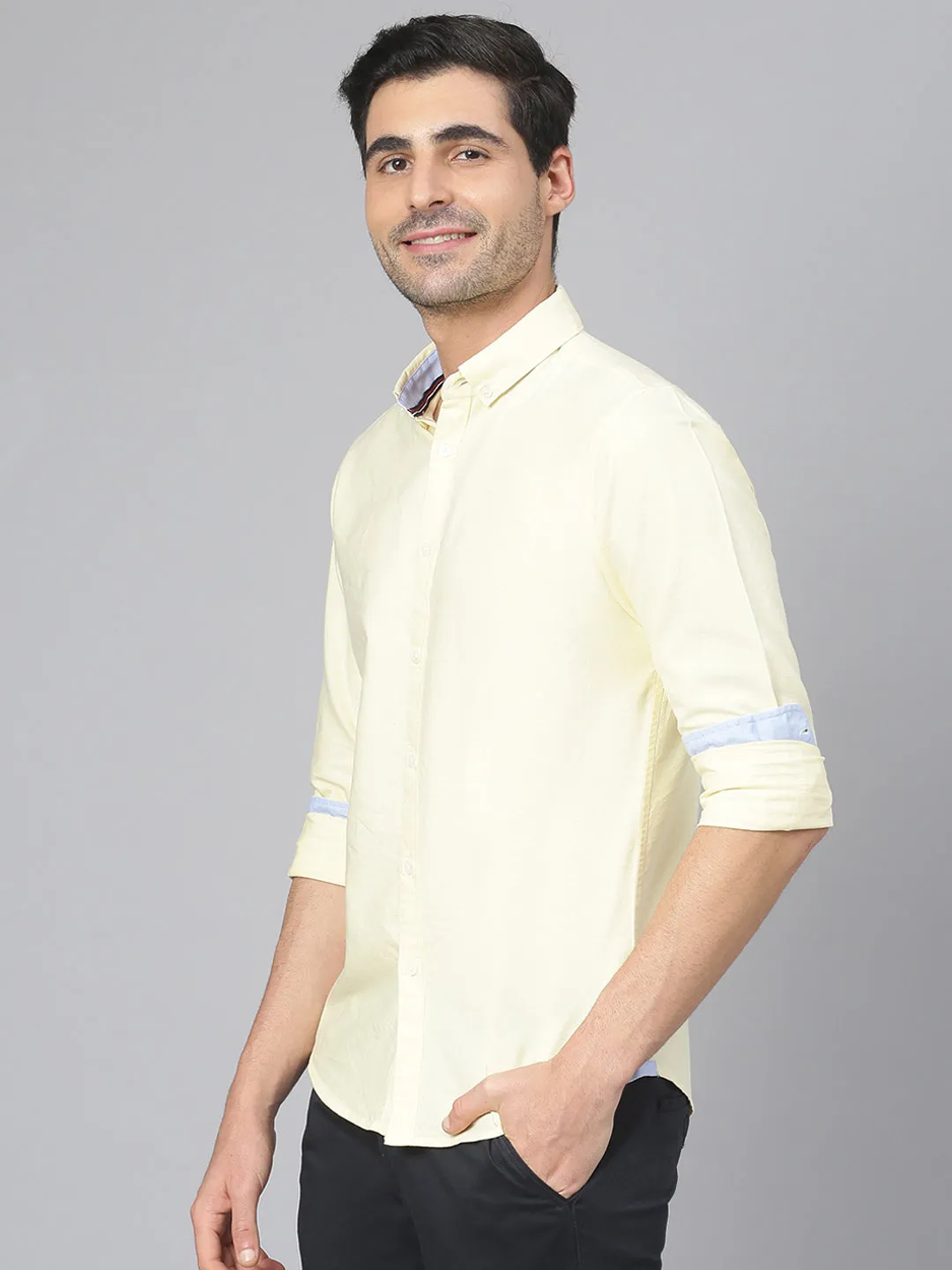 Men's Solid Lemon Slim Fit Cotton Casual Shirt