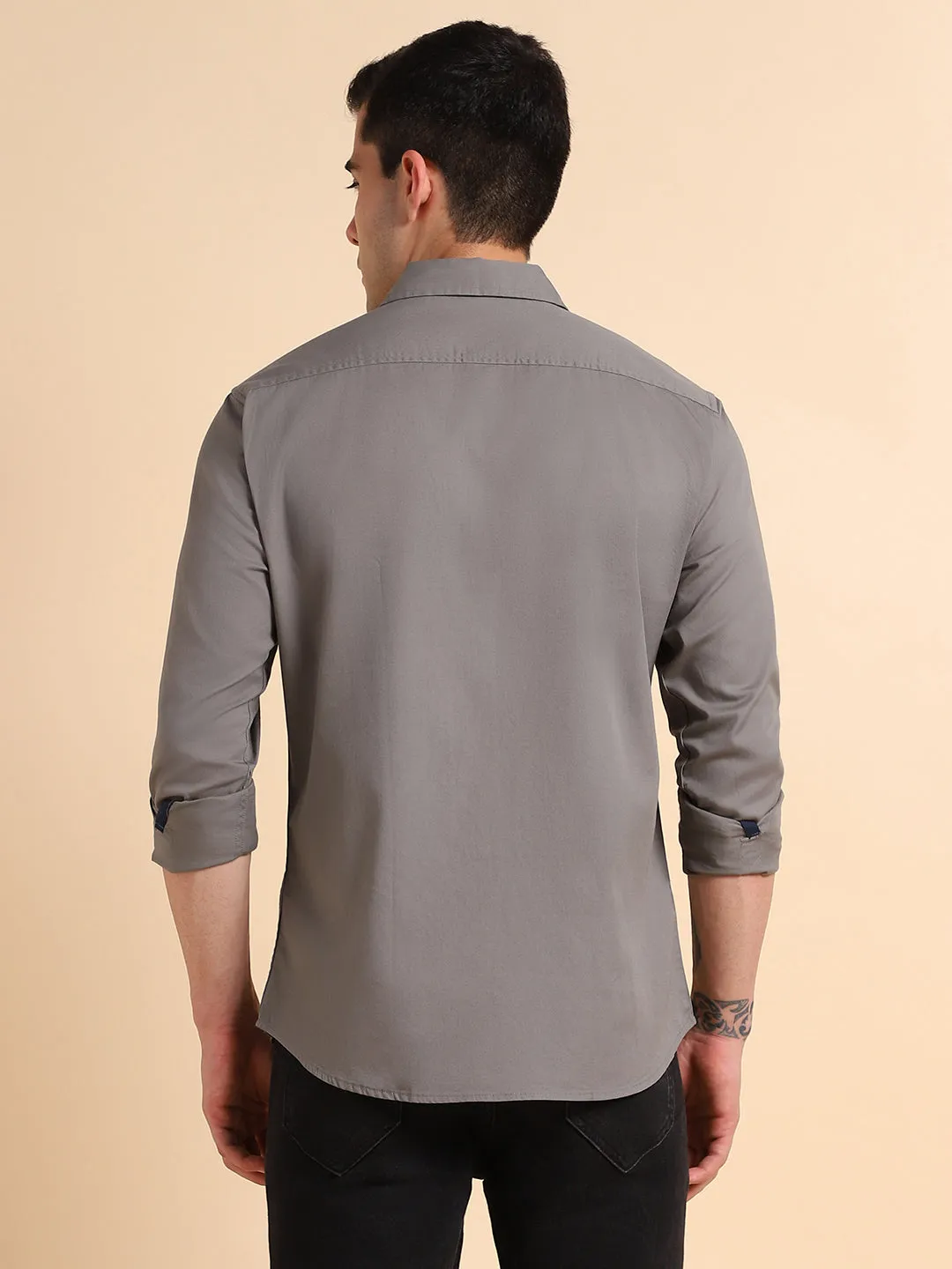 Men's Spread Collar Regular Fit Solid Beige Casual Shirts