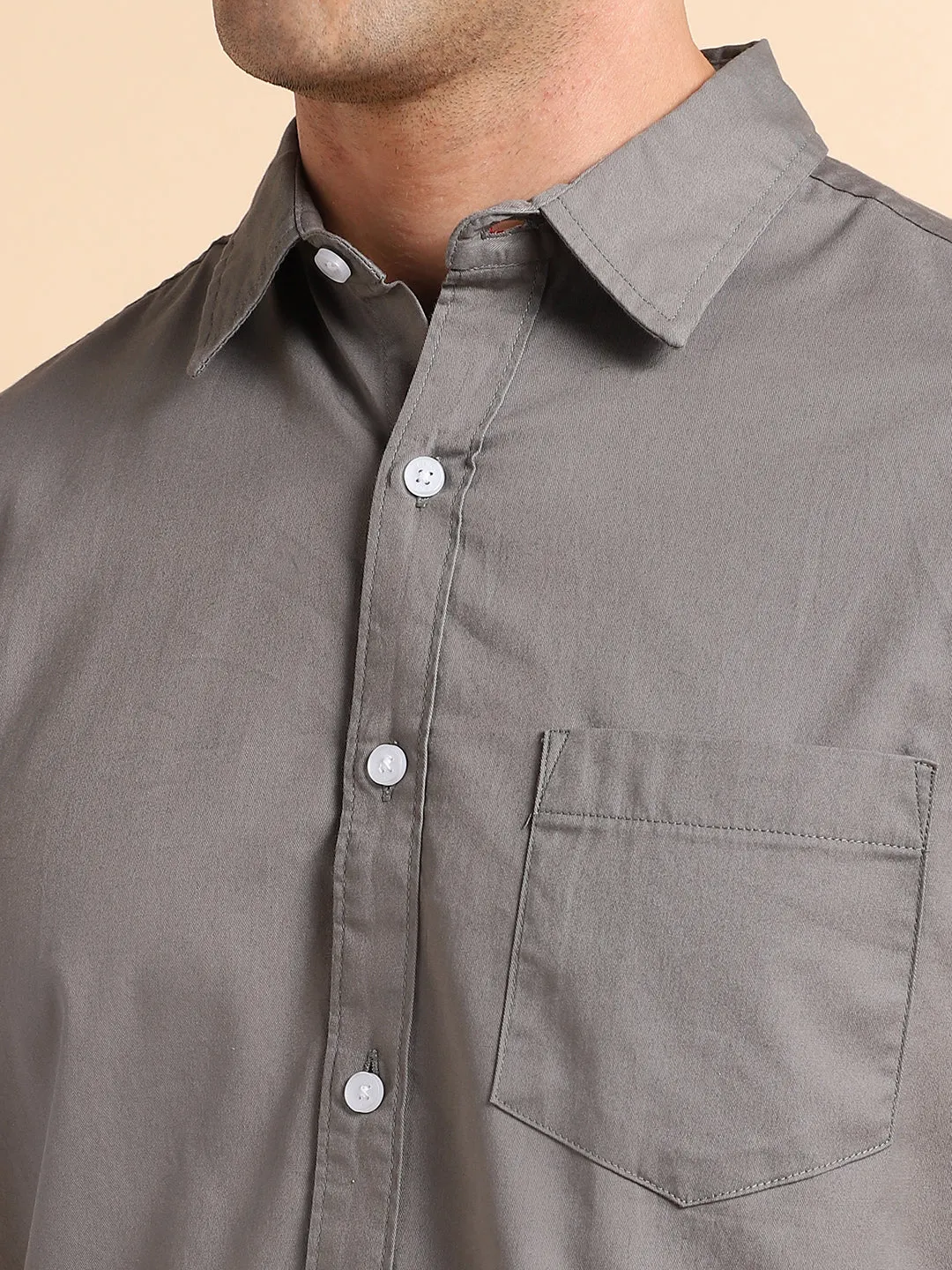 Men's Spread Collar Regular Fit Solid Beige Casual Shirts